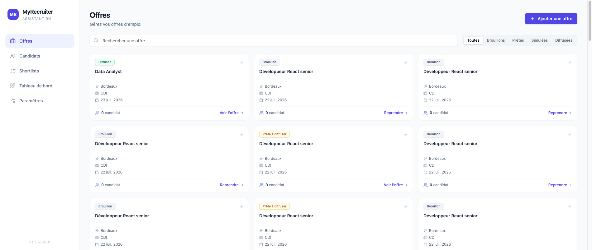 Module Offers du POC MyRecruiter avec les offres et leurs statuts