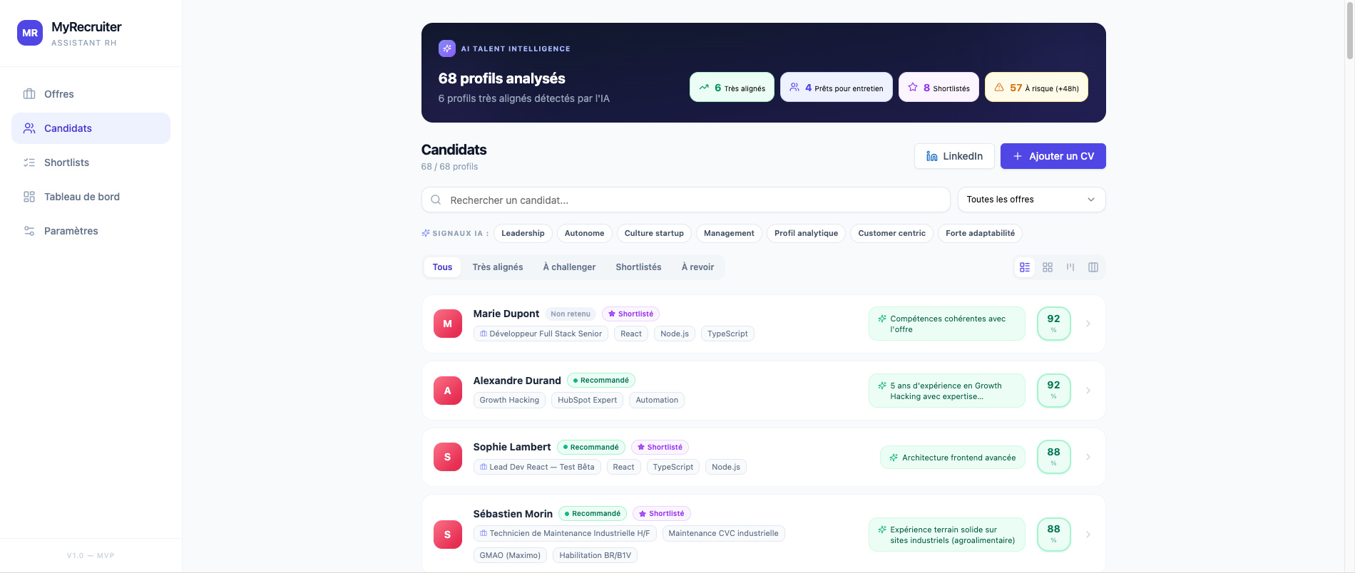 Vue Candidates du POC MyRecruiter avec profils, signaux, statuts et scores