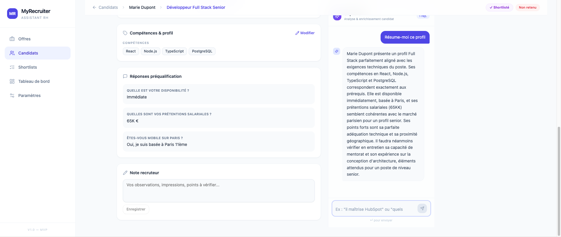 Fiche candidat du POC MyRecruiter avec compétences, préqualification, note recruteur et synthèse assistée